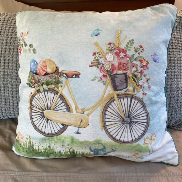 Isaac Mizrahi Throw Pillow 20” Easter Egg Spring Flowers Bicycle Embroidered - Picture 1 of 8